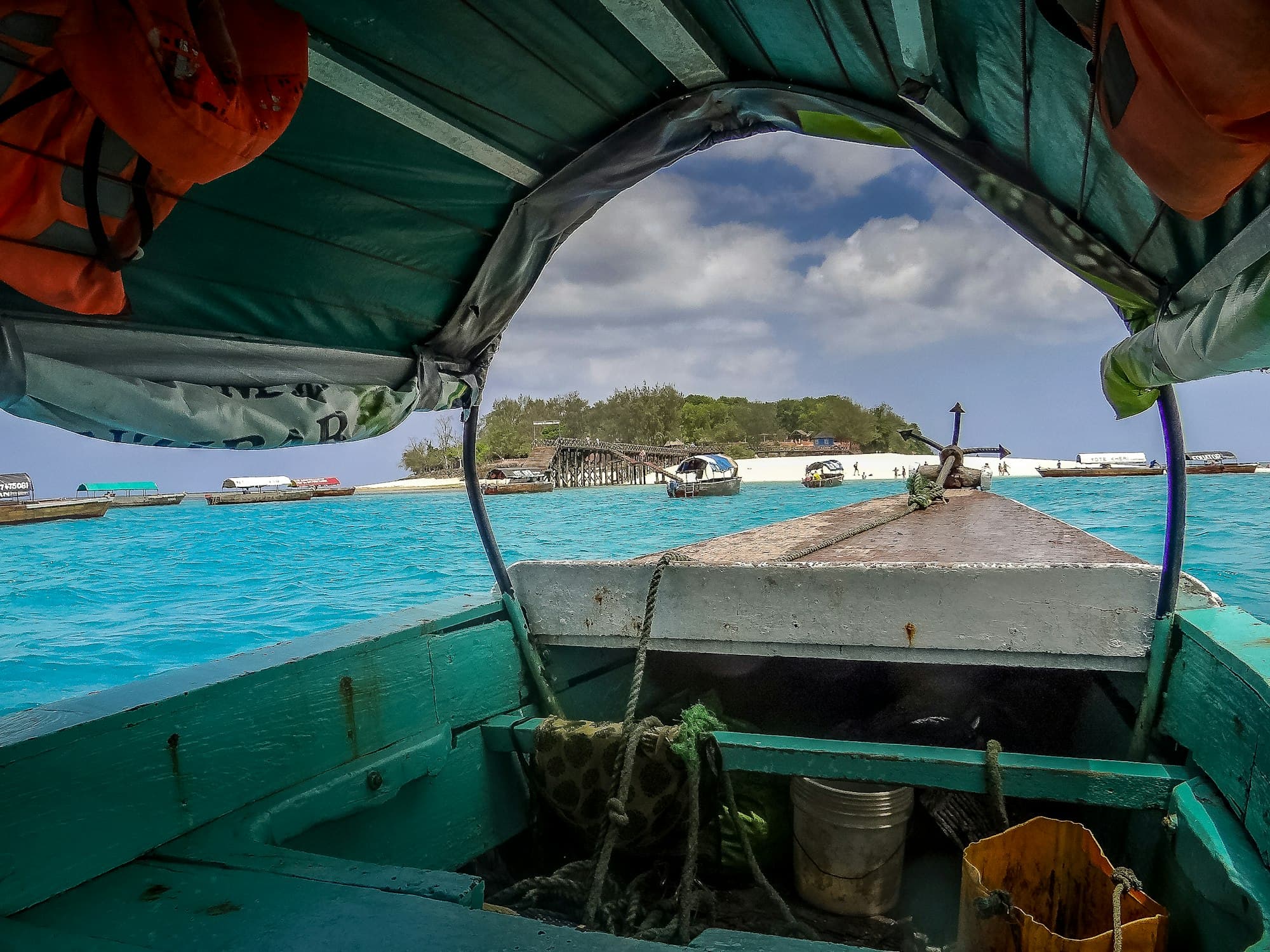 View of the ocean from a boat heading to an island